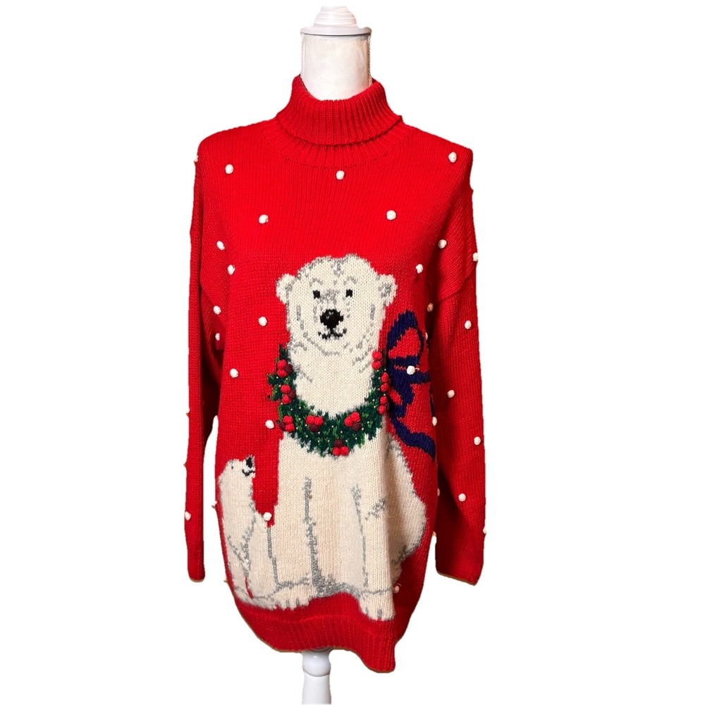 Vintage 1995 Marisa Christina‎ Polar Bear Christmas Sweater Turtleneck Red Small